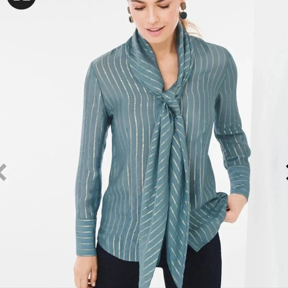 Chico's Black Label Silk Blend Metallic Blouse Blueish Grey Color Chico's Size 0 - Picture 2 of 13